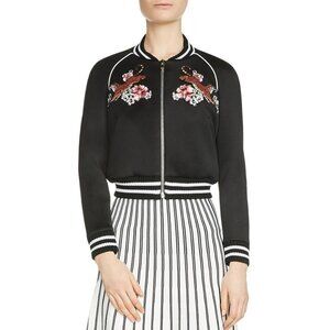 MAJE Mercure Black Tiger Embroidered Ponte Knit Bomber Jacket, Size 40/L